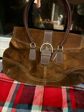 Brown Suede Satchel Handbag with Buckle Detail